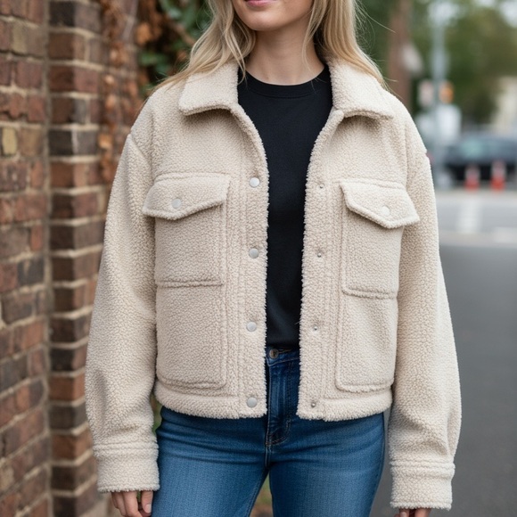 Abercrombie & Fitch Women’s SM Sherpa Fleece Crop Jacket Cream Vegan Suede Y2K - Picture 2 of 9
